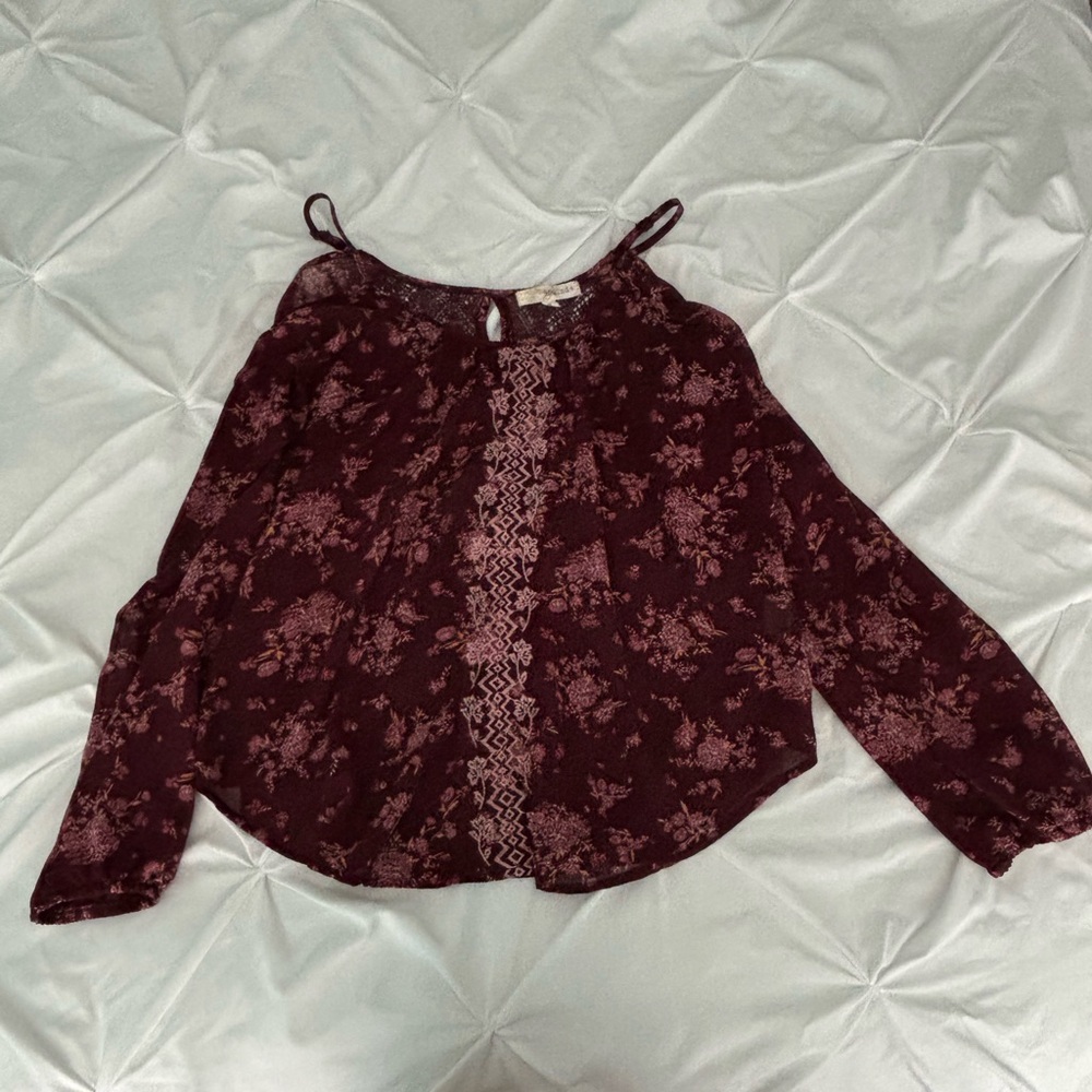 Rewind Burgundy Floral Lace Cold Shoulder Blouse